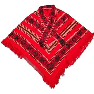 OSFA Vintage Ethnic Poncho Folkloric Shawl Red Black Geometric Pattern Boho(B)